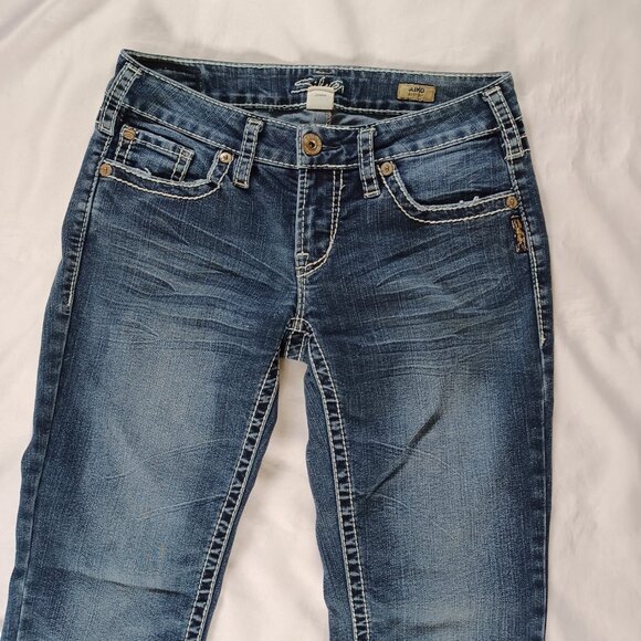 Silver Jeans Aiko Bootcut Lowrise Dark Wash Distressed Thick Stitch Size 29x33 - Picture 3 of 13